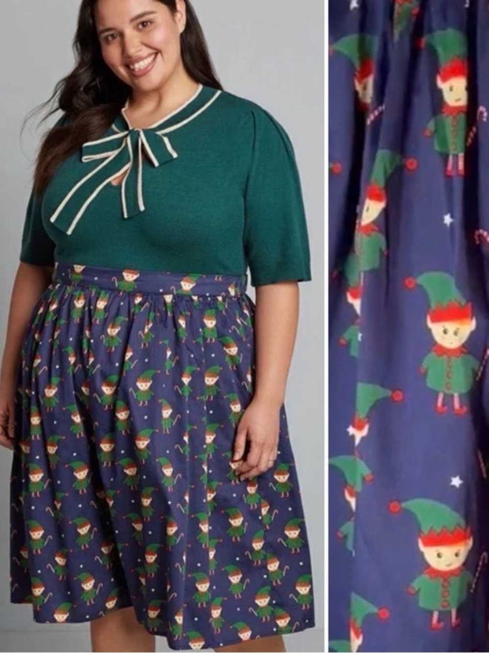 Modcloth More Than Charming Cotton A-line Skirt Santa Elf Print Navy Blue 1X NWT